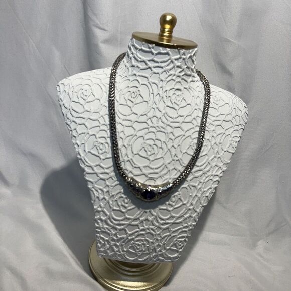 Vintage Sterling Silver Mesh Choker Necklace With Amethyst‎ And